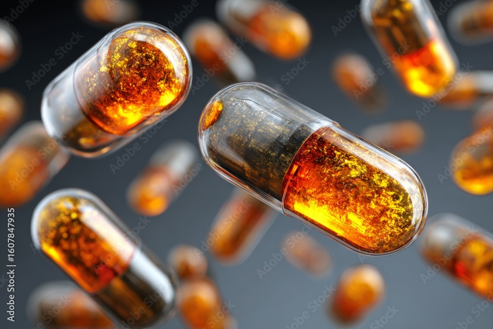 Fototapeta premium Innovative therapies visualized as floating capsules. Biological research. Reducing overtreatment in crohn's: insights from a groundbreaking study. Biological markers. Treatment pathways.