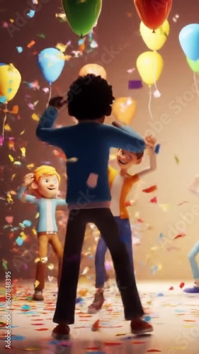 3D animation of a friendship celebration party with balloons, dancing characters, and confetti