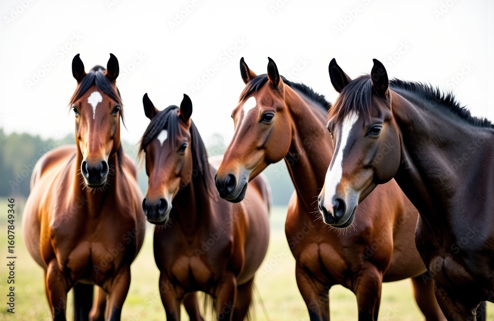 Fototapeta premium Four horses standing together outdoors on a grassy field with a clear sky in the background