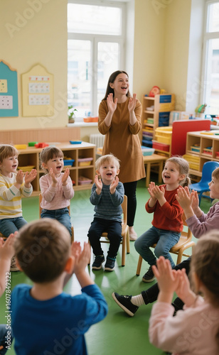 Joyful group of preschool children clapping their hands with their teacher during an engaging activity in the classroom.