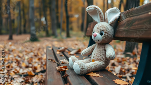 Lonely forgotten abandoned teddy toy bunny-rabbit sat on an wooden bench in forest covered with autumn leaves. (concept: depression, loneliness)