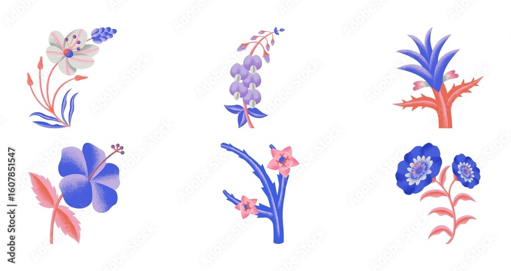 Set of unique floral illustrations, featuring hibiscus, foxglove, and other stylized flowers with a modern, textured look. Set of unique floral illustrations, featuring hibiscus, foxglove, and other stylized flowers with a modern, textured look.