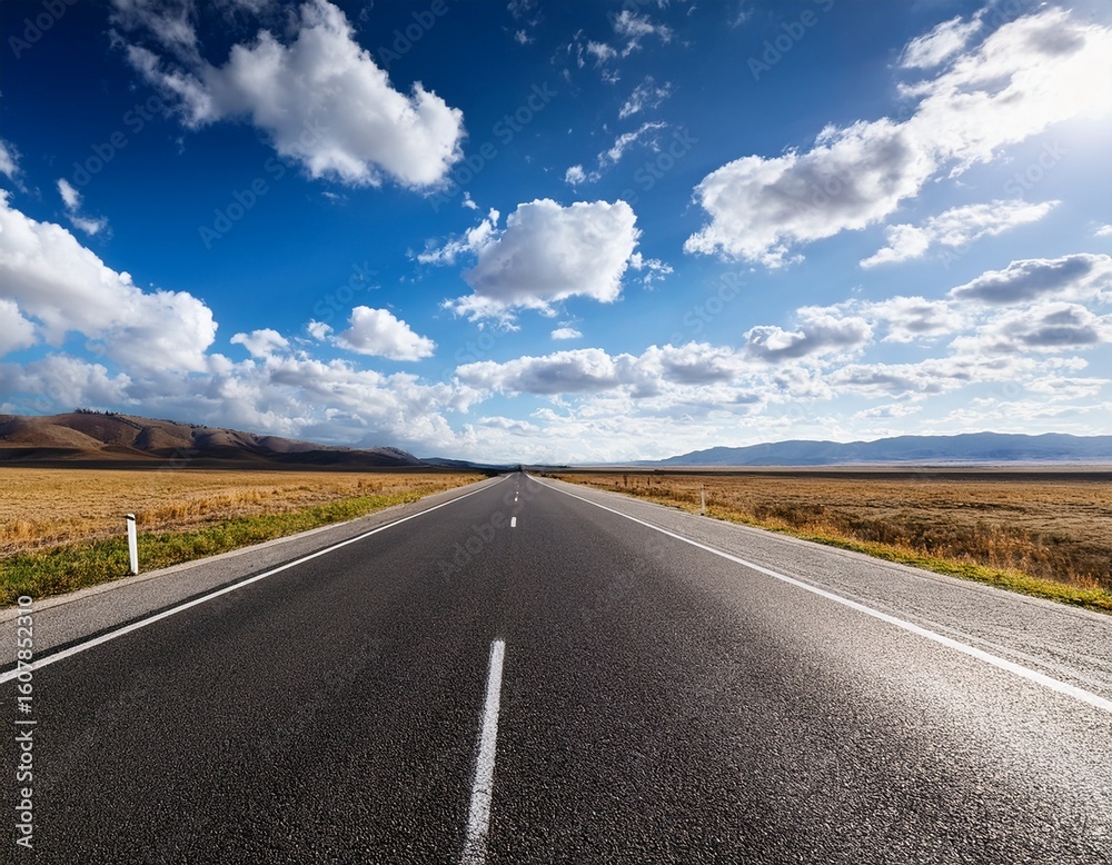 Fototapeta premium empty asphalt road stretches under a vibrant blue sky dotted with fluffy white clouds