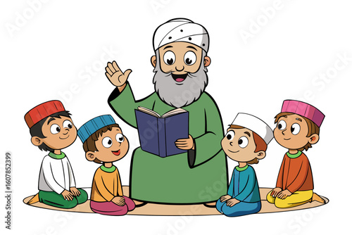 Wise bearded scholar in traditional attire deeply engrossed in reading an open book at a wooden desk surrounded by books and a lantern