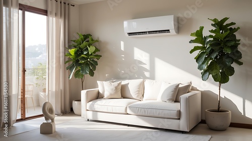 Minimalist living room with beige sofa and plants air conditioner curtains