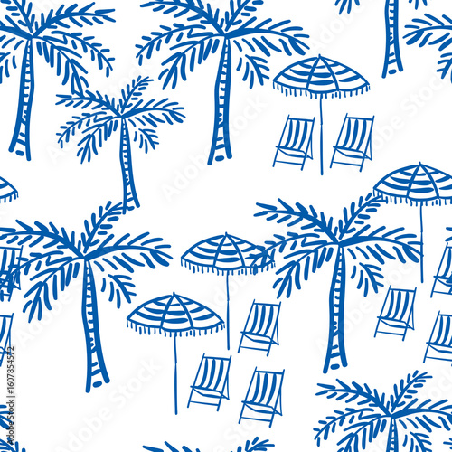 Tropical beach resort, blue line palm trees, striped umbrellas, sun lounges, white background. Seamless pattern. Vector illustration. Exotic nature. Summer design
