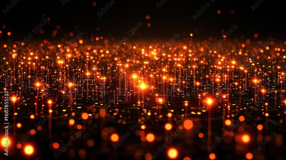 Fototapeta premium Abstract cityscape of glowing orange lights on dark surface