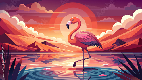 A flamingo stands still in shallow pink water at sunset, its reflection glowing beneath its curved neck