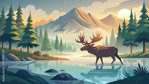 A moose crosses a shallow lake in the early morning mist, its massive antlers cutting through the fog
