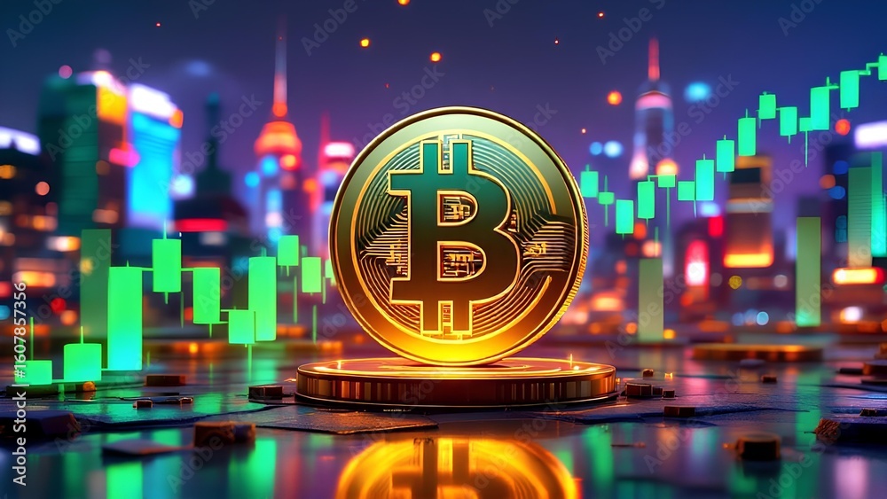 Fototapeta premium Golden Bitcoin coin shines amidst glowing city skyline and rising stock charts