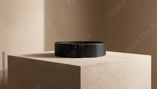 Black, round,  vessel on light beige cube