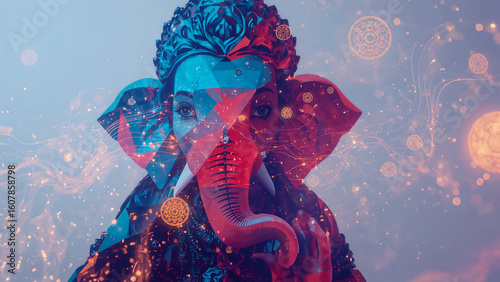 Cinematic NFT design of Lord Ganesha as a half-face in electric blue, coral, and violet geometric curves, with binary trails and golden modaks on a clean surreal tech-meets-myth digital canvas.