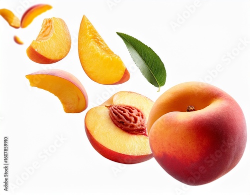 vibrant falling peach pieces and whole fruits for summer snack designs antioxidant rich food content and fruity compositions sliced peach and whole stone fruit isolated falling down