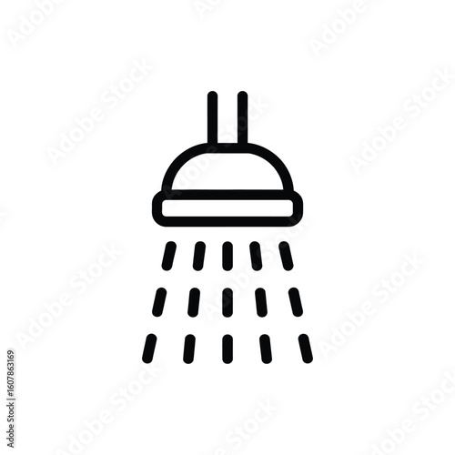 Simple black line icon of a shower head with water droplets