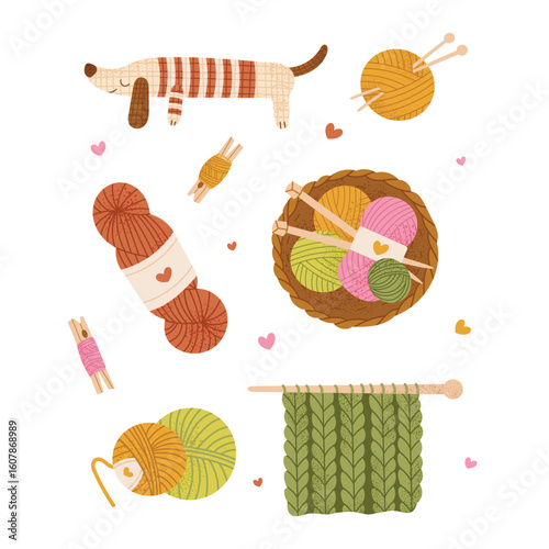 Cozy knitting set with yarn balls, knitting needles. Basket with colorful wool and heart decorations. Warm hobby and craft concept. Vector illustration isolated on white background.