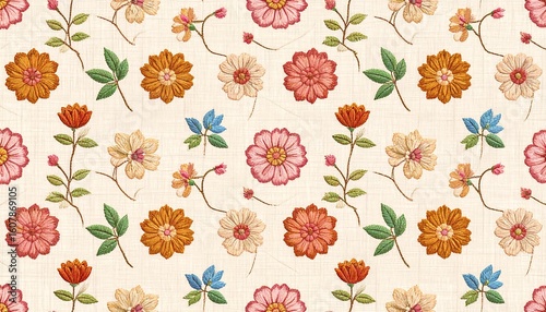 Cream-colored fabric with a repeating pattern of embroidered flowers in various colors