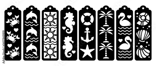 Set of vertical bookmarks with summer beach pattern. Laser cut template. Decorative bookmark stencil for paper, wood and metal cutting. Vector design with sea elements