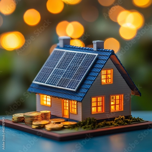 Miniature house with solar panels on roof and gold coins symbolizing renewable energy savings and investment