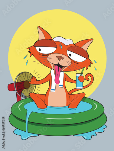 A cartoon cat cools off from the heat.