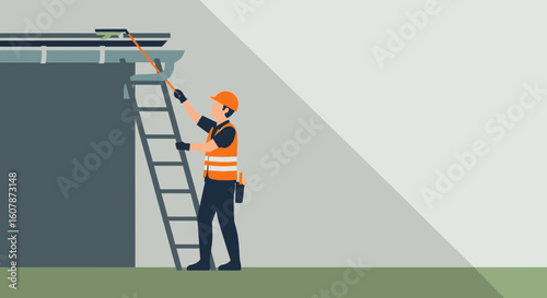 Workman Inspecting And Cleaning Gutters On A Ladder With Safety Gear