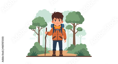 Young Adventurer Hiking Through Verdant Woodland Scenery On A Sunny Day