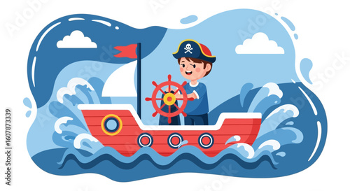Young Adventurer Navigating A Cartoon Pirate Ship In Rough Waters
