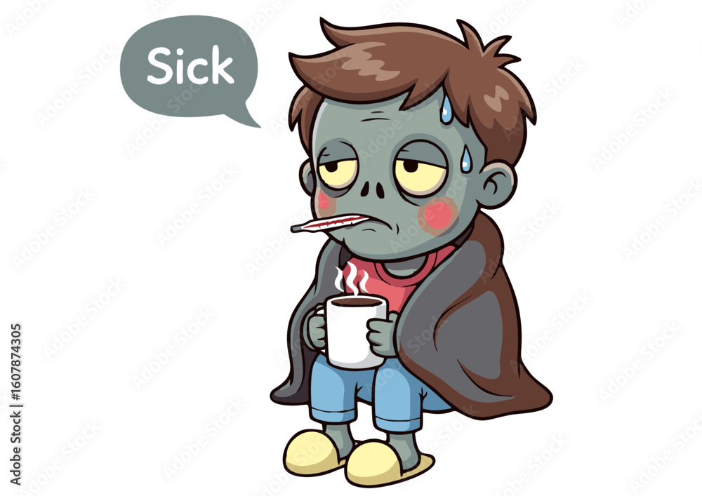 Naklejka premium Cartoon Sick Boy with Thermometer Blanket and Coffee Cup Illustration.