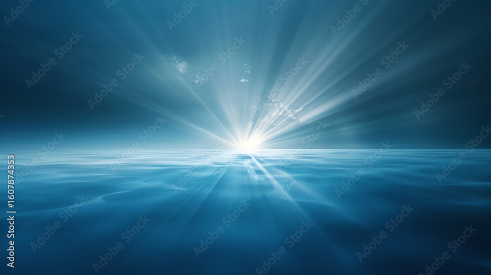 Fototapeta premium horizon with rays of light breaking through clouds, soft mist, deep blue and silver gradient with hints of warm sunrise