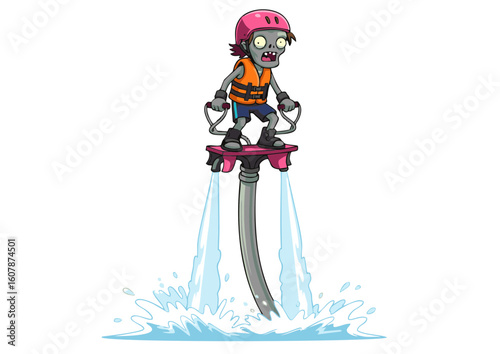 Zombie Water-Skiing on a Jet Ski with Splashing Water.