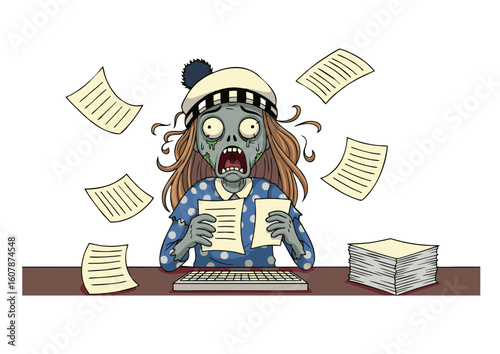 Overwhelmed Zombie Woman with Papers in a Frantic Pose.