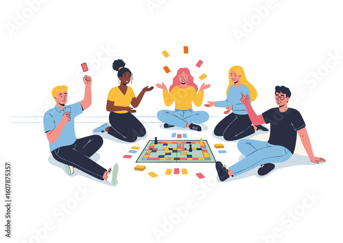 Diverse Group Playing Board Game Sitting on Floor Having Fun Together.