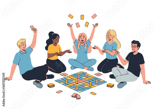 Group of Diverse Young Adults Playing Board Game Together Celebrating.