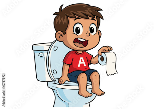 Cartoon Boy Sitting on Toilet Holding Toilet Paper Smiling.