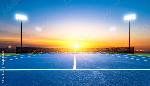 Empty tennis court at sunset, lit by stadium lights