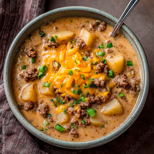 Cheesy Hamburger Potato Soup. Food photography, sharp focus, no text