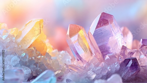Sparkling crystals sunset backdrop, healing energy, spiritual wellness banner
