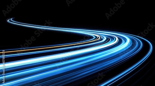 Light trails curve, streaks of blue and white, black background