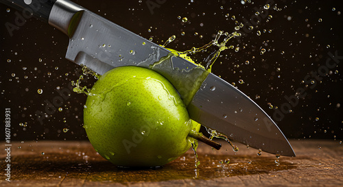 Green Apple Being Sliced with Water Splash