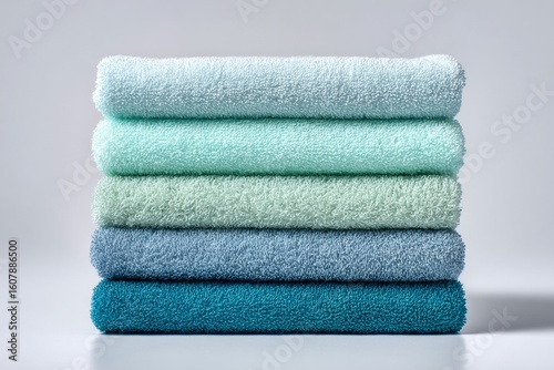 Stack of colorful towels in gradient shades of blue and green