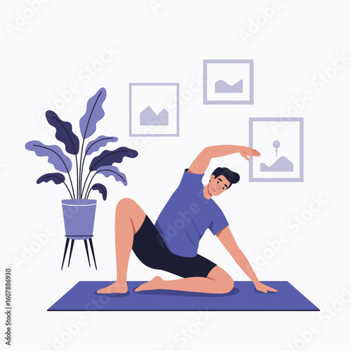 Flat vector vector art of a man practices yoga, stretching and balancing his body in a fitness routine for a healthy lifestyle isolated on white background