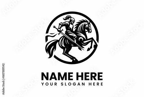 Black and white illustration of a knight on a rearing horse within a circle.