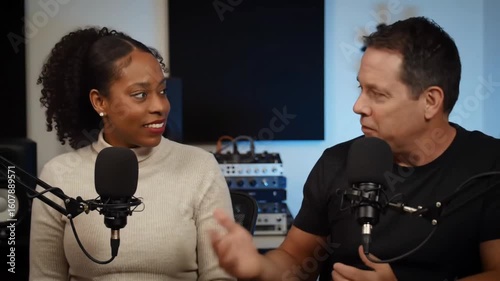 Close up of a man in a black shirt speaking into a microphone with a light behind him