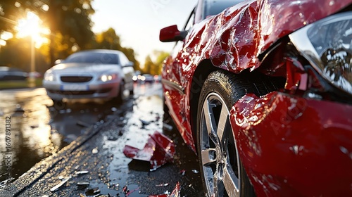Red car crash with smashed hood and fender