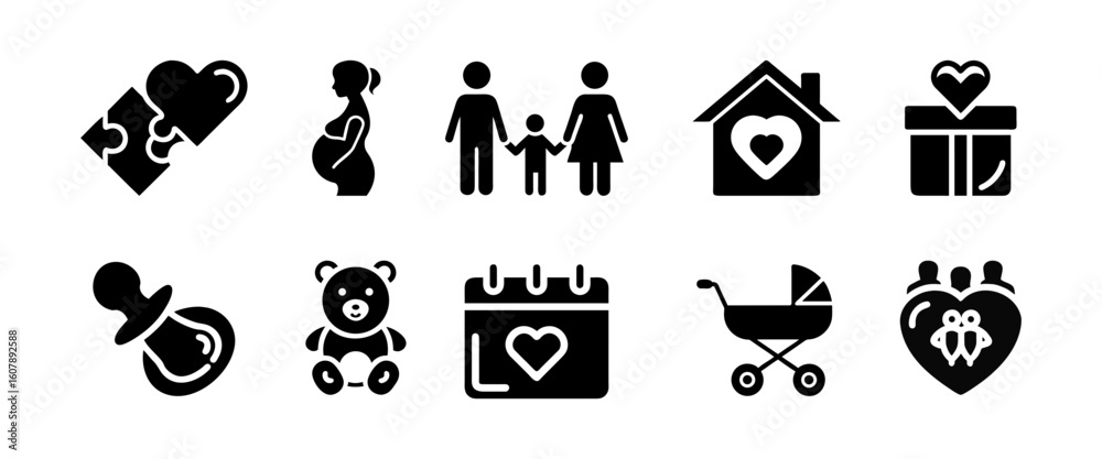 Obraz premium Family and baby care set. A mixed set of icons: parents with children, baby stroller, toy teddy bear, and a calendar with a heart. Represents family life, child care, special dates, and parenting.