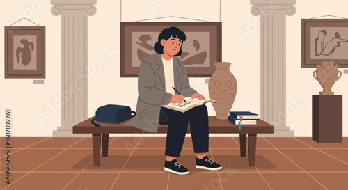 Young Artist Sketching Antiquities At The Museum With Paintings In Background