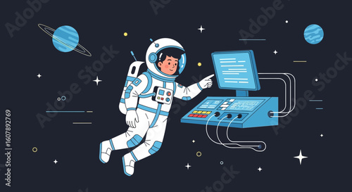 Young Astronaut Navigating Outer Space Using Advanced Technology Interface System
