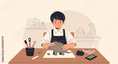 Young Artist Sculpting Clay Dinosaur At Home In His Workshop Creative Hobby