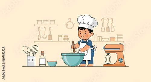 Young Baker Prepares Dough In Whimsical Kitchen Setting Ready For Baking Session