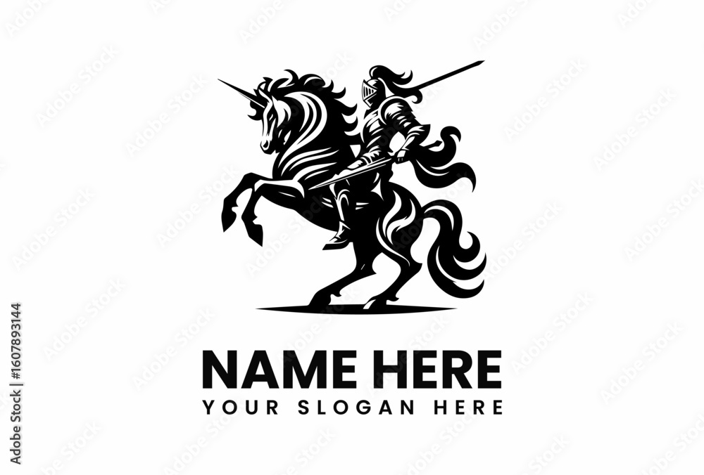 Fototapeta premium Black Knight on Rearing Unicorn with Sword Ready for Battle.
