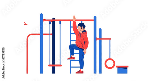 Young Boy Climbing on Playground Equipment Having Fun Outdoors Activity